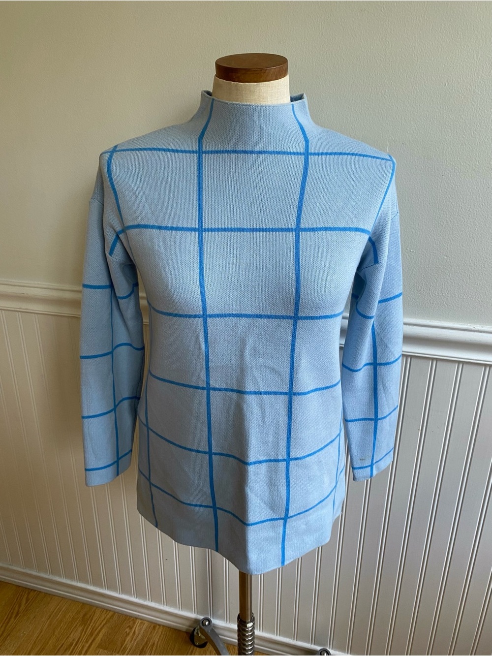 Women’s Light Blue Grid Mock Neck Sweater